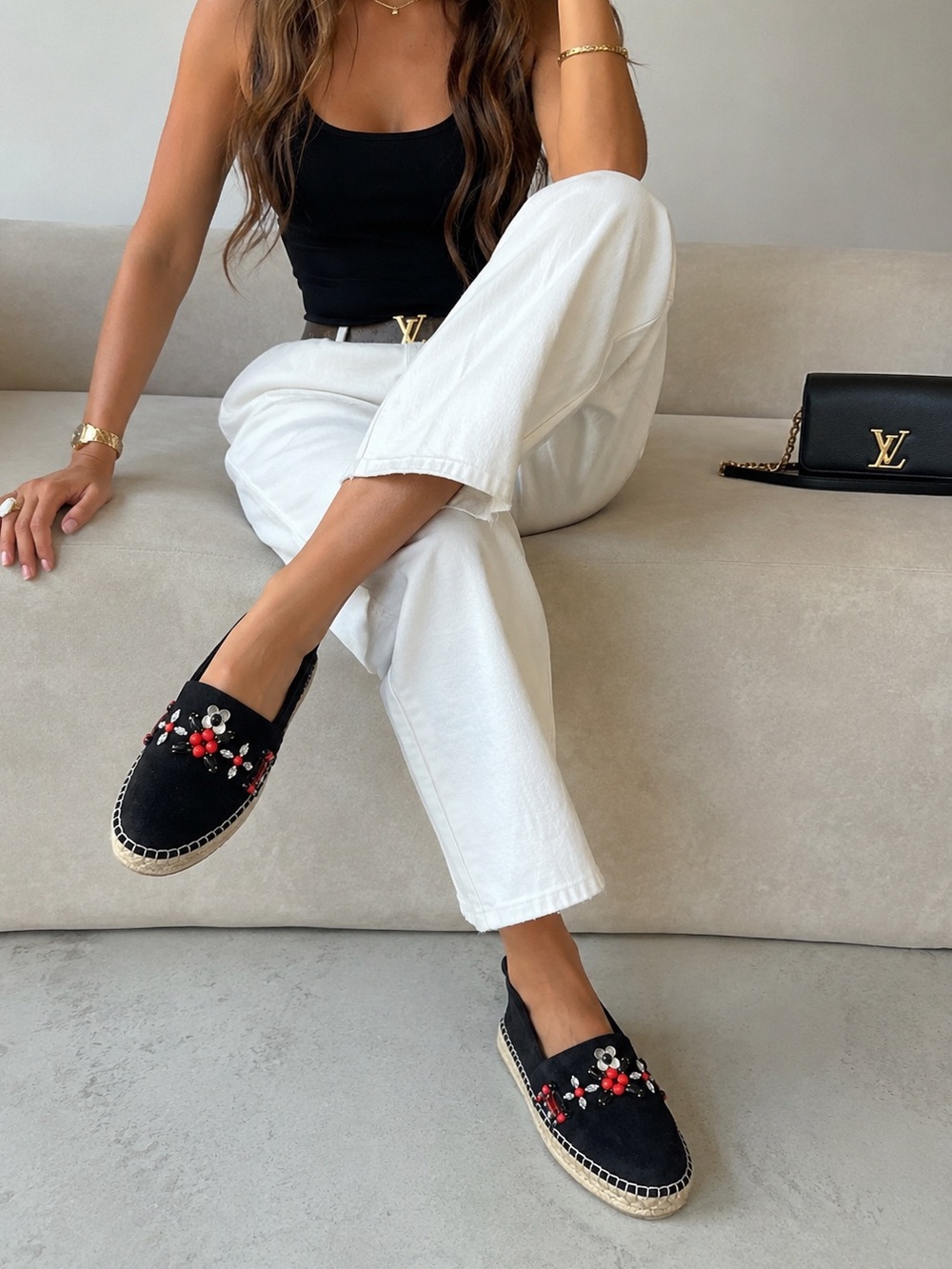 LOUIS VUITTON Front Pier Black Suede Crystal Embellished Espadrilles